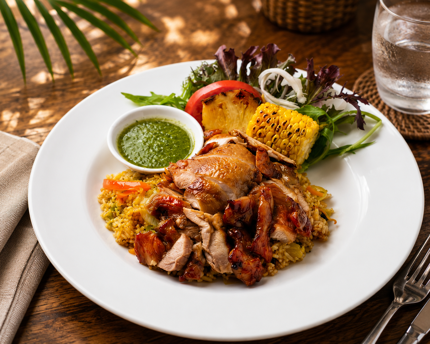 Ben & Maxxi Caribbean sharing platter with skewers, prawns, spring rolls, and island sauces